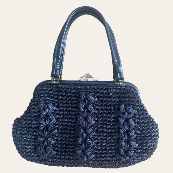 Vintage 1950s Navy Blue Woven Handbag – Mid-Century Frame Purse - Picture 1 of 6